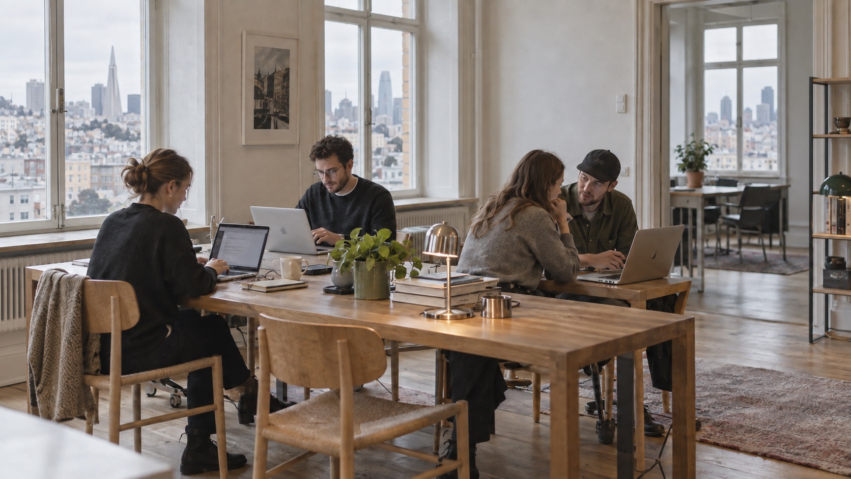 Illustrative San Francisco office with people working and talking around MacBooks at oak tables